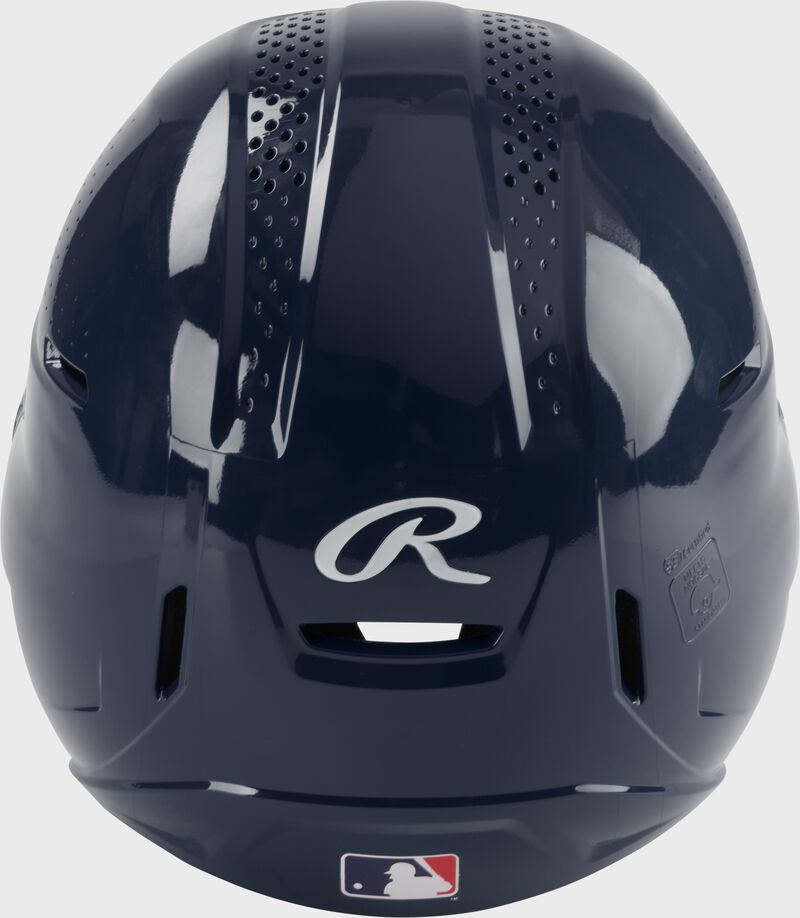 Back of a navy Rawlings RX2 gloss baseball batting helmet