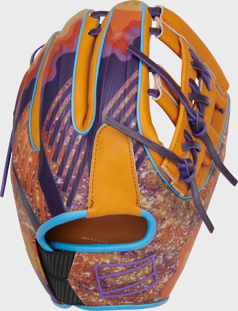 Purple/orange back of an 11.5" Francisco Lindor REV1X infield glove - SKU: REVFL12T loading=