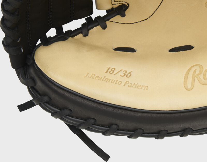 Inside thumb of a J.T. Realmuto catcher's mitt showing 18/36 mitts produced - SKU: PROSCM43JR10