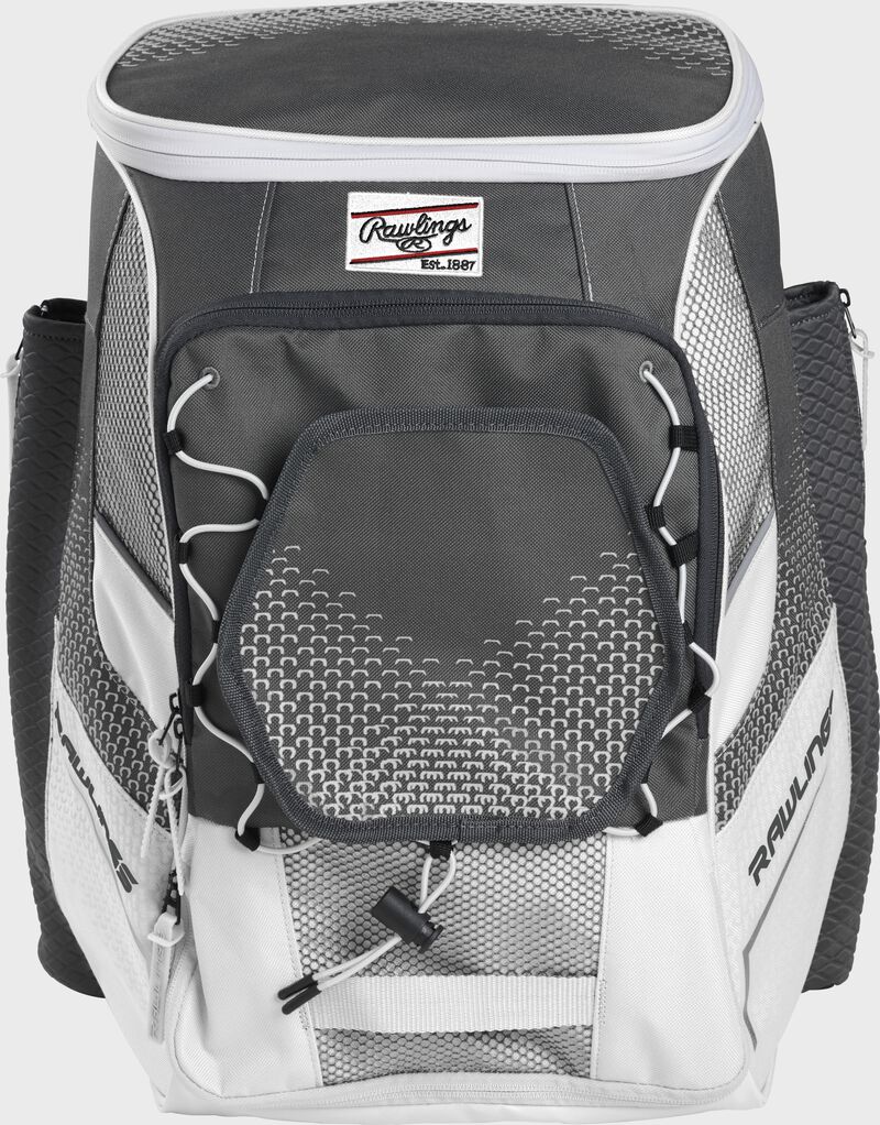 Front of a white Impulse baseball backpack with a gray front pocket - SKU: IMPLSE-W