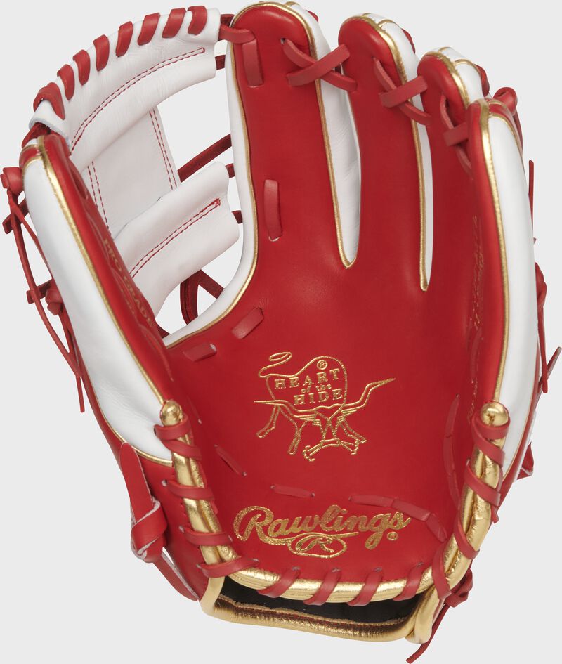 Shell palm view of scarlet and white 2021 St. Louis Cardinals Heart of the Hide glove