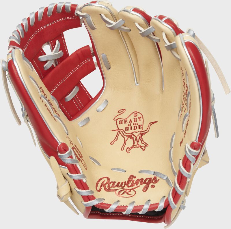 Camel palm of a Rawlings Heart of the Hide R2G infield glove with platinum laces and scarlet palm stamping - SKU: RSGRPROR314-32CSP
