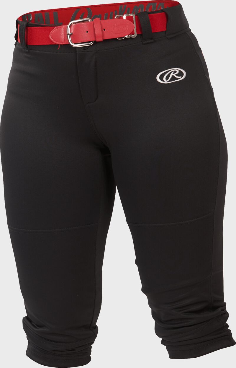 WLNCH black Women's launch softball pants with a scarlet belt loading=