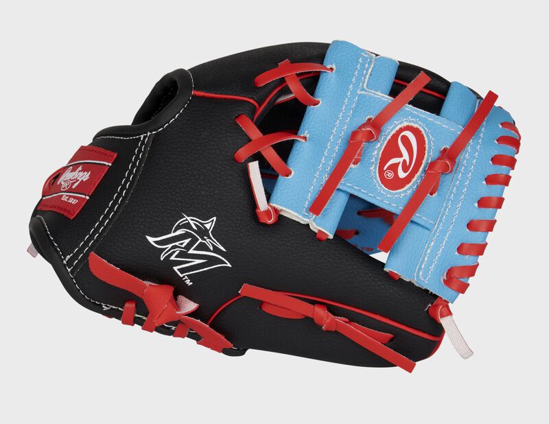 A black/light blue Miami Marlins 10-inch team logo glove with a light blue I-web and Marlins logo on the thumb - SKU: 22000016111