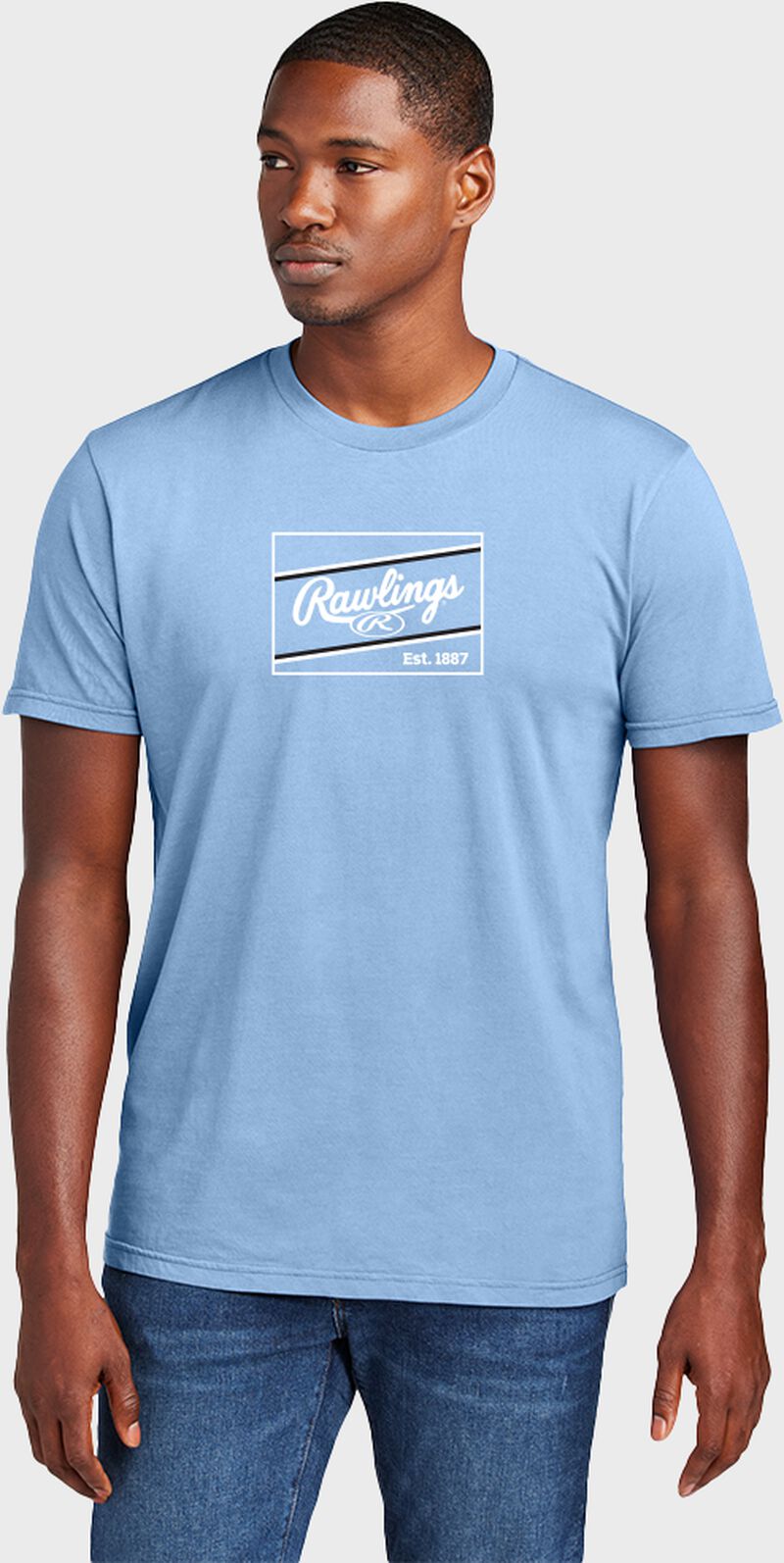 Picture of a guy wearing a light blue Rawlings patch t-shirt loading=