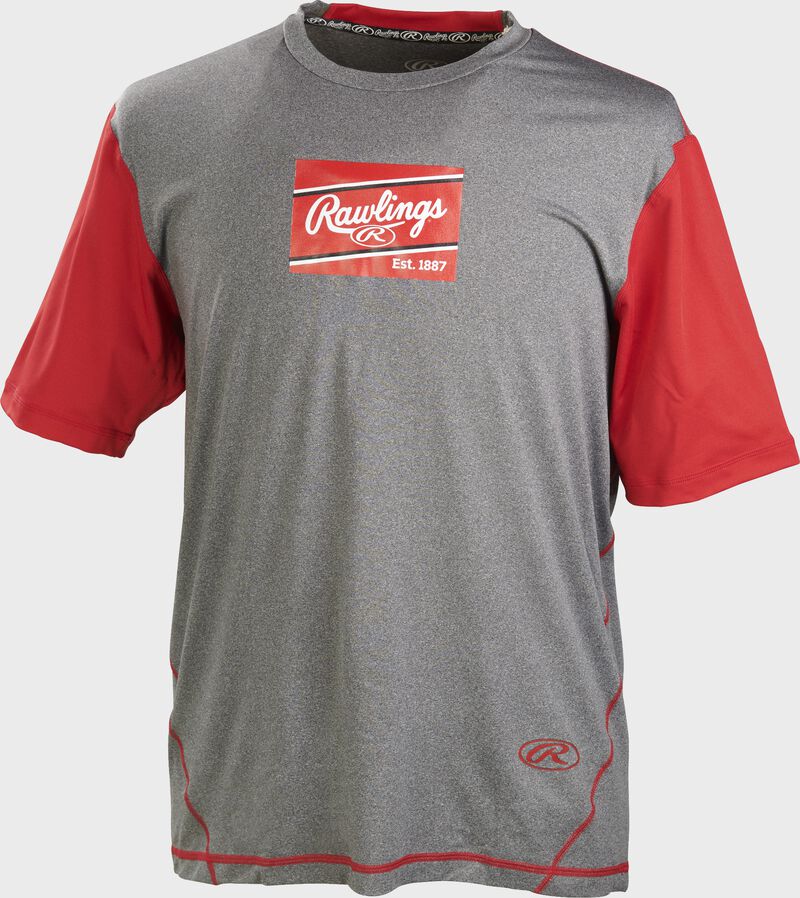 A gray/scarlet Rawlings adult Hurler performance short sleeve shirt with a scarlet Rawlings logo on the chest - SKU: HSSP-GR/S loading=