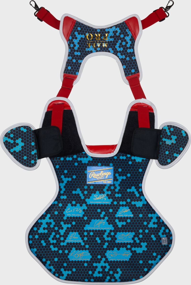 Back of a scarlet Rawlings Mach Pro Series chest protector with the harness up