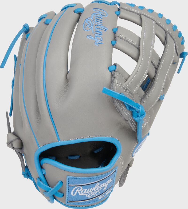 Back of a gray Rawlings NXT Series 12.25-Inch Baseball Glove with a Columbia blue Rawlings patch