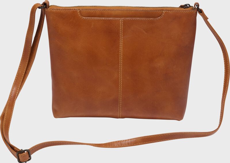 Side view of a tan Rawlings Double Play crossbody purse