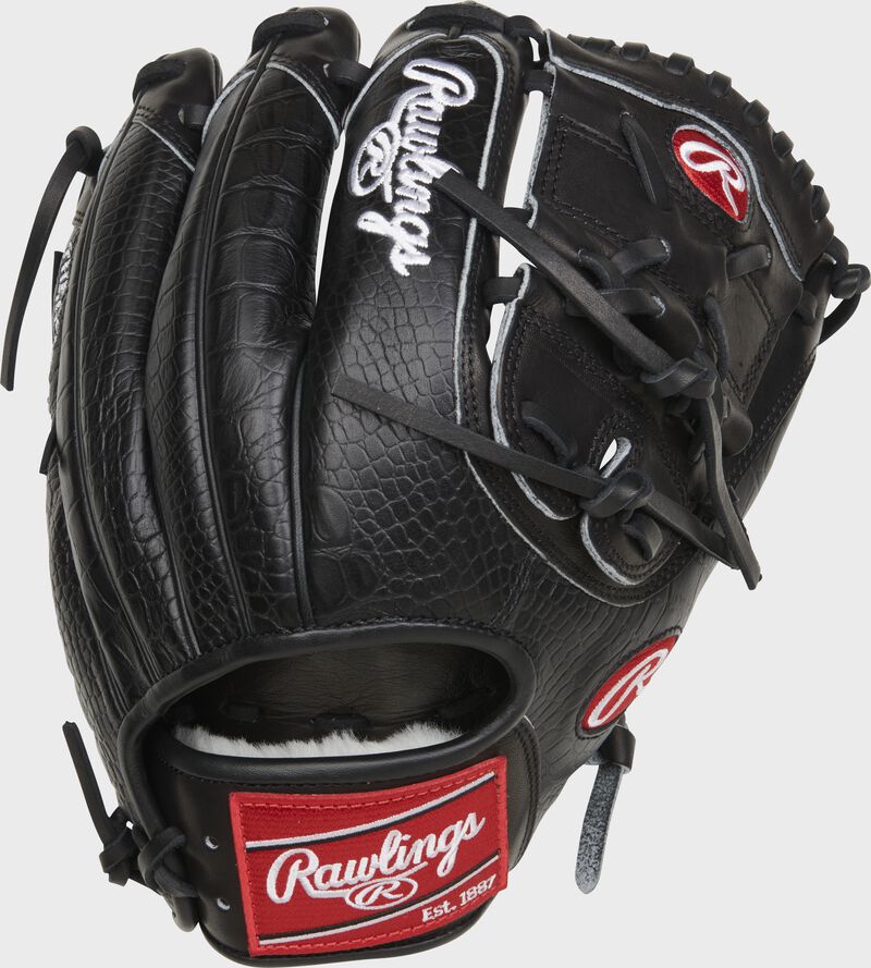 Black croc embossed back of a Jacob deGrom Pro Preferred glove with a red Rawlings patch - SKU: PROSJD48 loading=