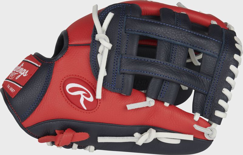 Thumb of a scarlet/navy Select Pro Lite 11.5 in Ronald Acuna Jr. youth glove with a navy H-web - SKU: SPL115RA loading=