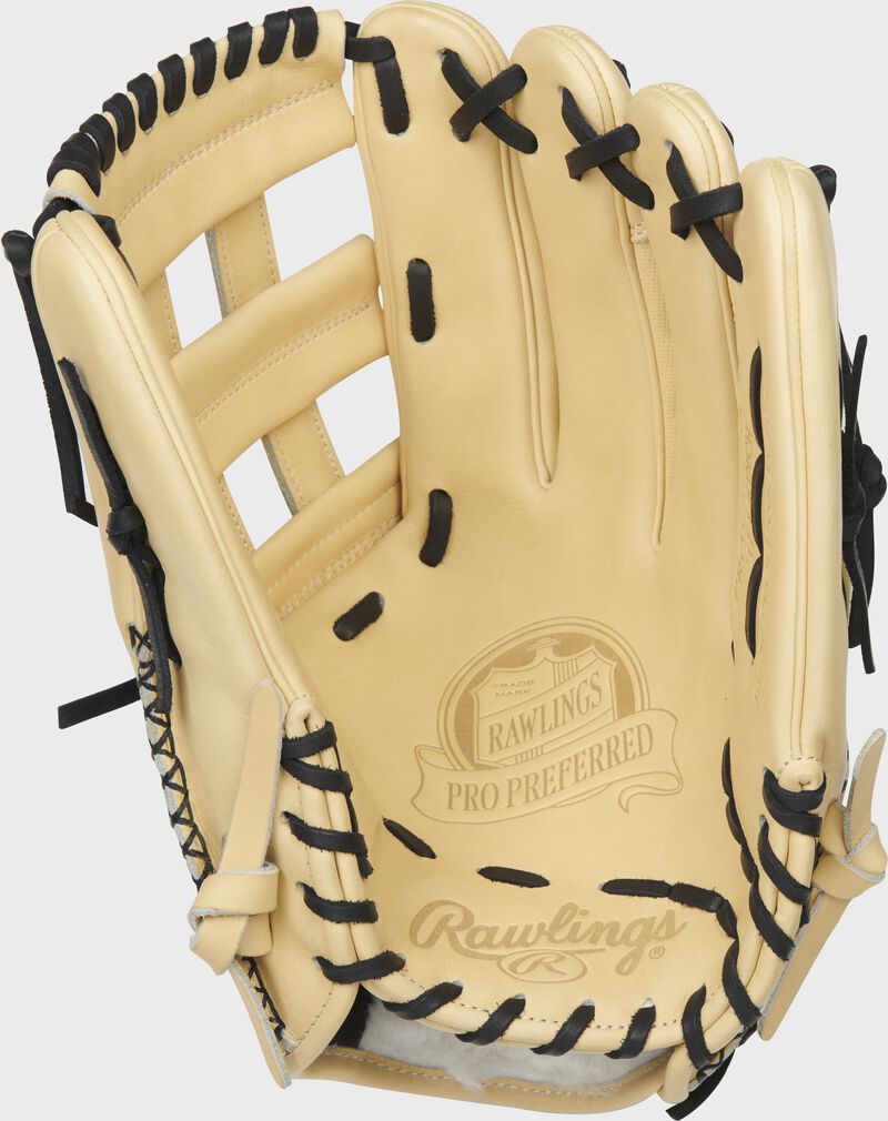 Camel palm of a Rawlings Pro Preferred outfield glove with black laces - SKU: PROS3039-6CSS