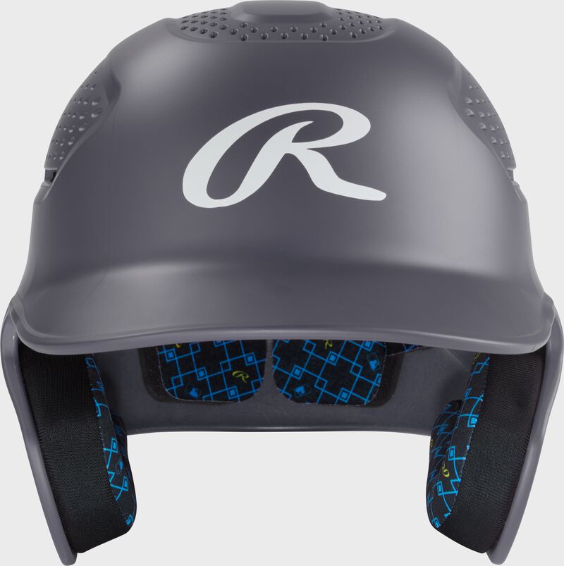 Front of a graphite Rawlings RX2 batting helmet