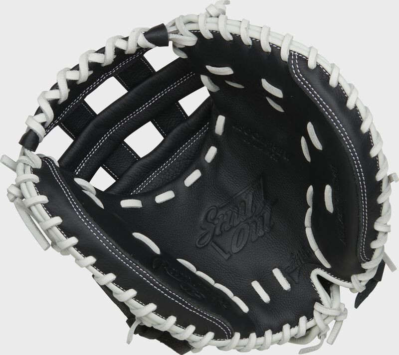 Black palm of a Rawlings Shut Out fastpitch catcher's mitt with white laces - SKU: RSO315BW