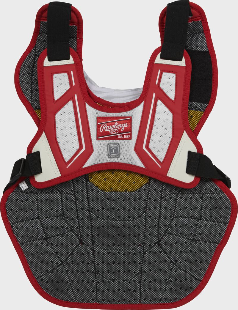 Back of a Velo 2.0 chest protector with a scarlet/white harness