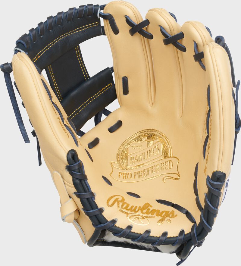 Camel palm of a Rawlings Anthony Volpe Pro Preferred 11.5-Inch Infield Glove with navy laces