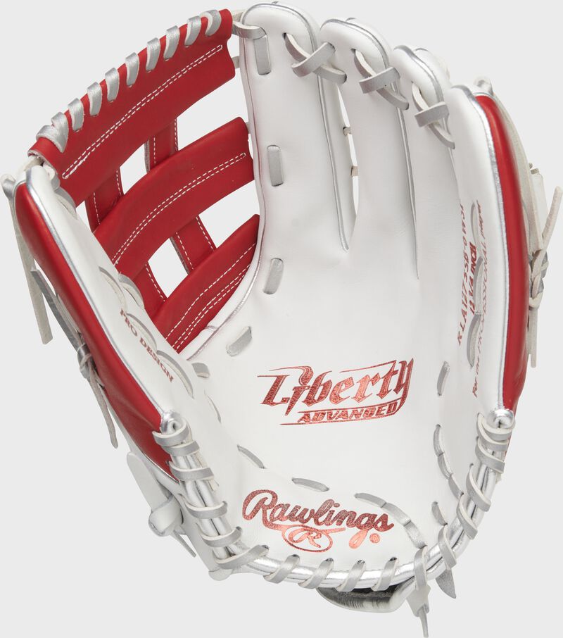 White palm of a Rawlings Liberty Advanced outfield glove with platinum laces and scarlet stamp - SKU: RLA1275SB-6WSP