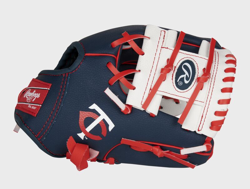 Thumb of a navy, white & red Minnesota Twins 10-inch glove with a white I-web and Twins logo on the thumb - SKU: 22000028111 loading=