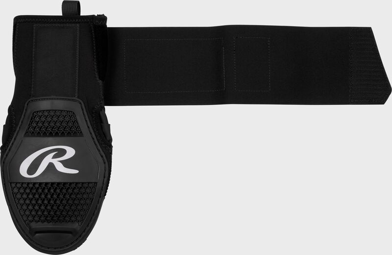 Back of a black sliding mitt with the wrist strap stretched out loading=