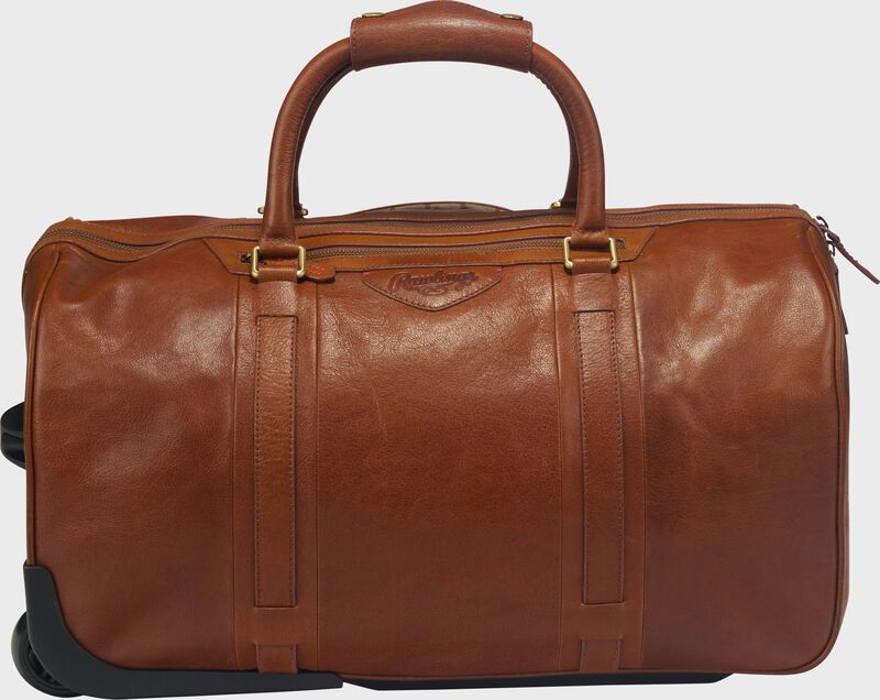 Side view of a tan Rawlings Home Run wheeled duffle bag