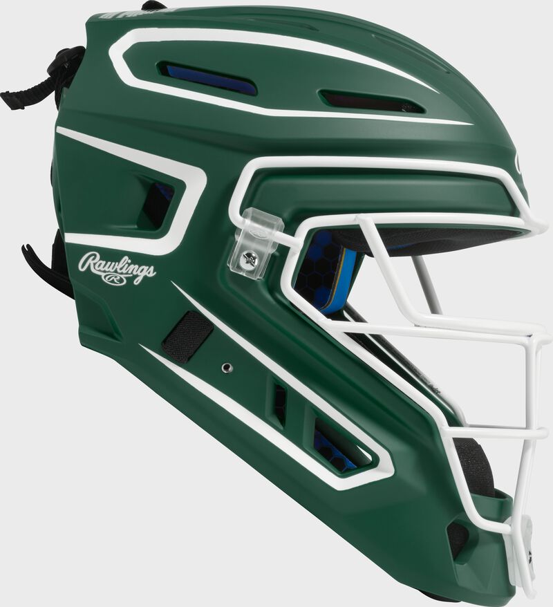 Right side of a dark green Rawlings Mach Pro Series catcher's helmet