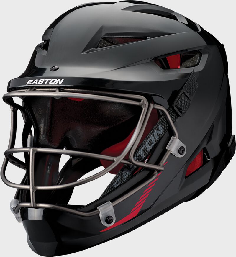 Front of a black Easton Hellcat slowpitch fielding helmet - SKU: EHCATH