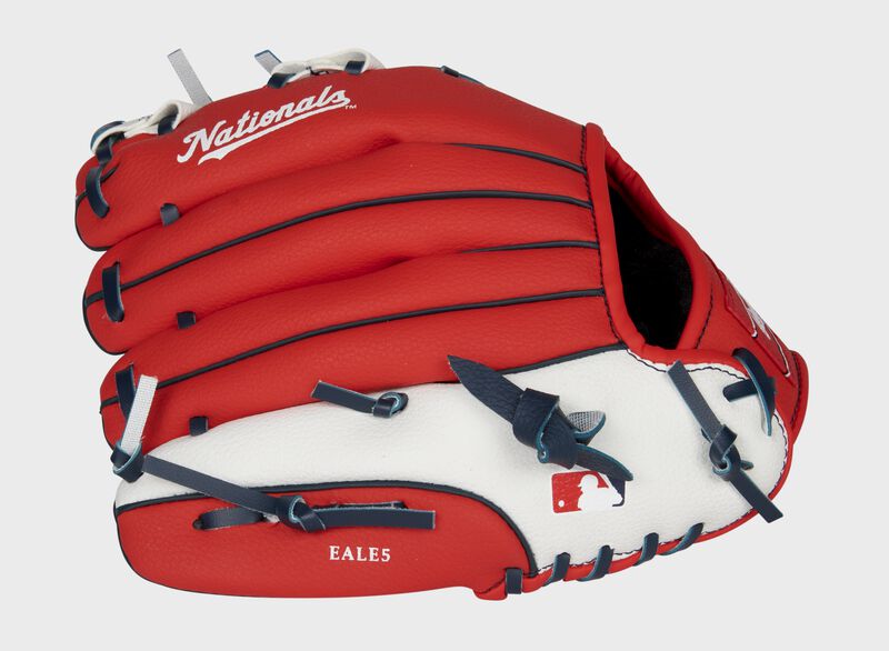 Back of a red/white Washington Nationals 10-inch youth glove with the MLB logo on the pinky - SKU: 22000031111 loading=