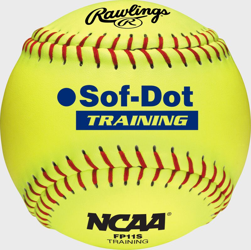 A yellow Rawlings 11-Inch NCAA Soft Poly-Core fastpitch training ball loading=