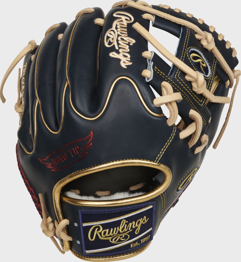 Navy Wing Tip back of an 11.5" Pro Preferred I-web glove with a navy Rawlings patch - SKU: PROS204W-2CN