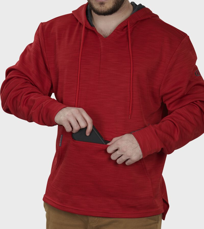 Valuable/phone pocket of a scarlet PFH2 fleece pullover hoodie loading=