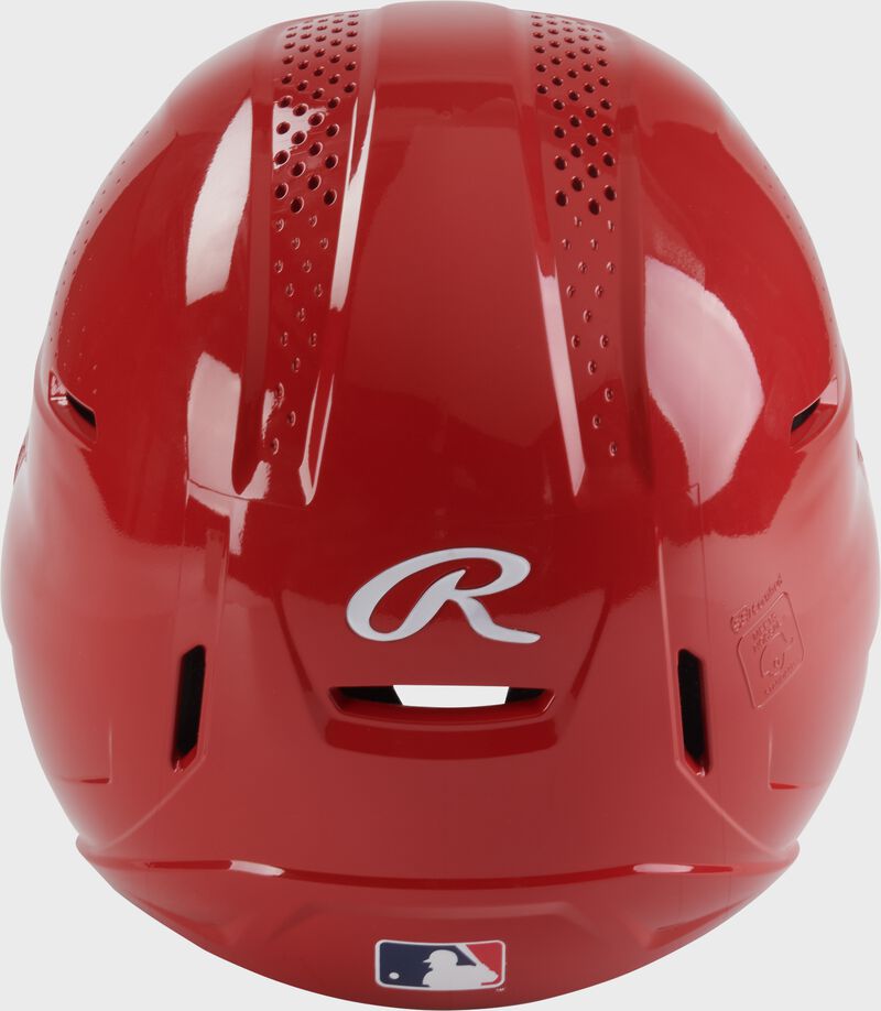 Back of a scarlet Rawlings RX2 gloss baseball batting helmet