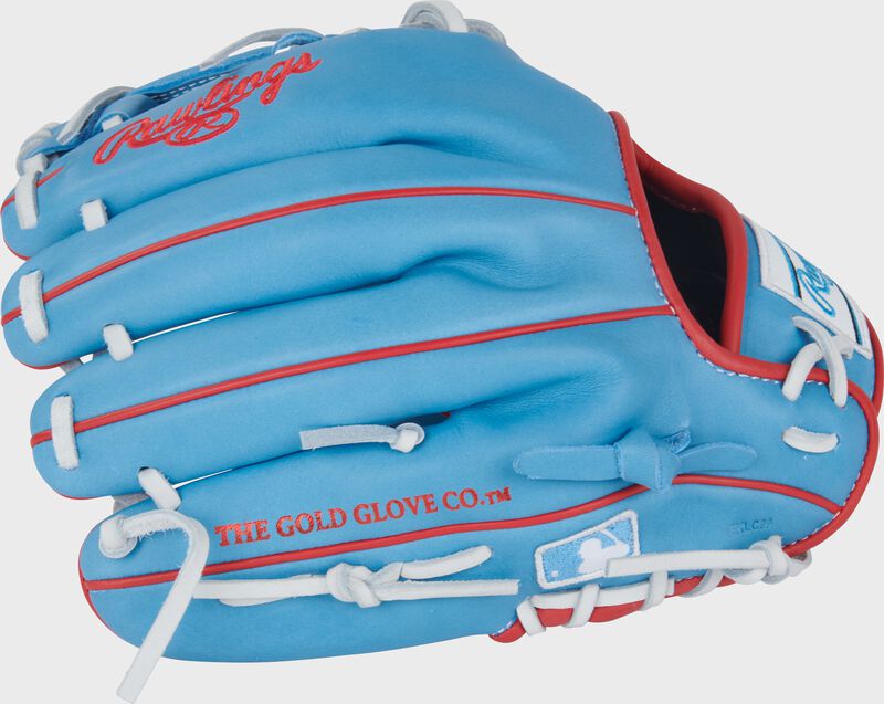 Back of a Columbia blue Rawlings NXT Series 11.75-Inch Infield Glove with the MLB logo on the pinky