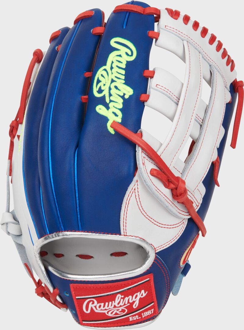 Royal blue back of a Luis Robert Heart of the Hide H-web glove with a red Rawlings patch loading=