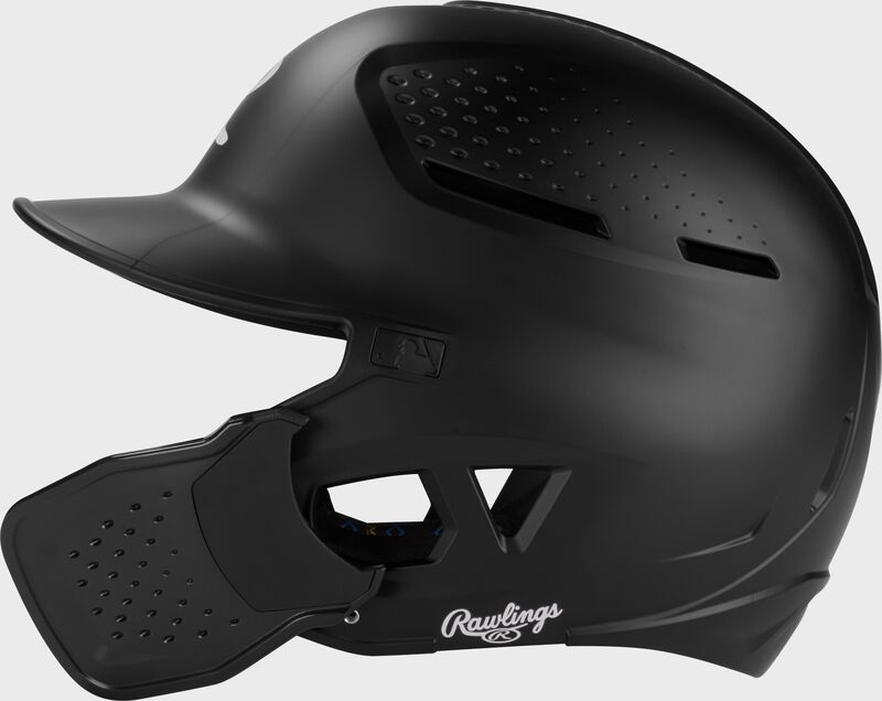 Left side of a black Rawlings RX2 Reverse batting helmet