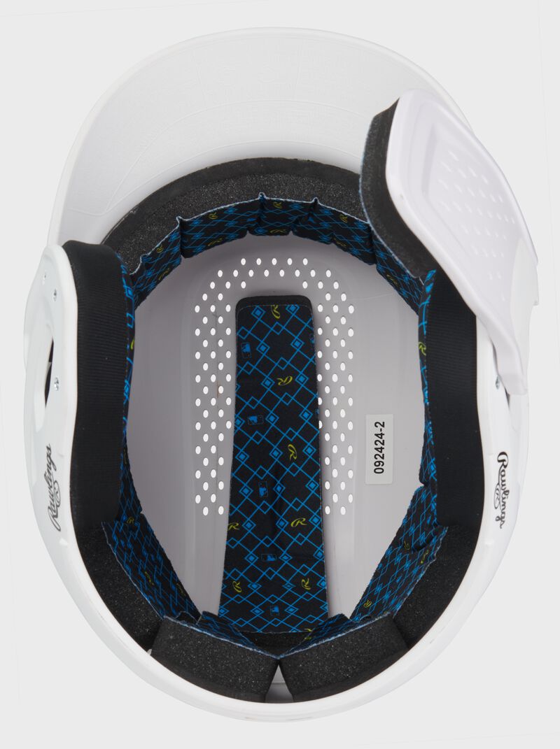 Inside padding of a white Rawlings RX2 Reverse batting helmet