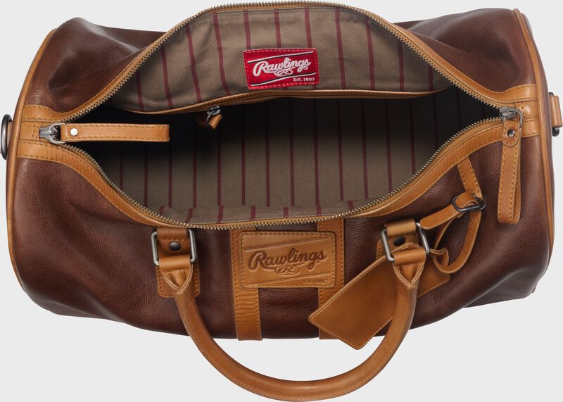 Inside view of a brown Rawlings Heritage Duffle Bag