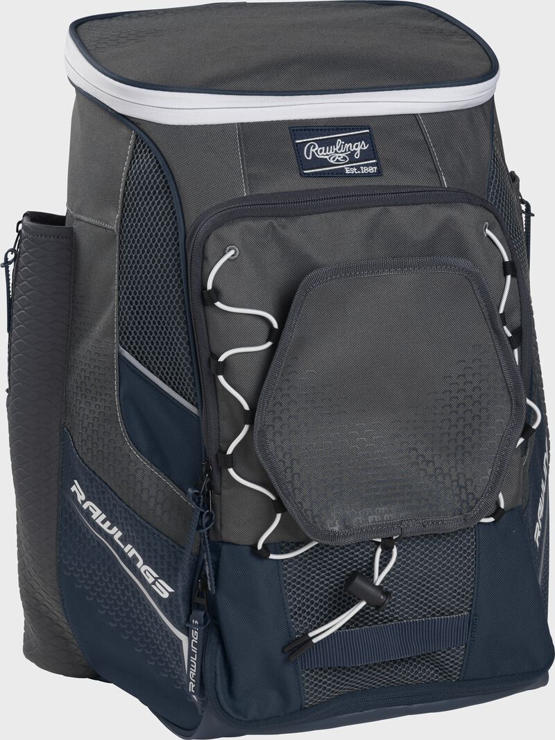 Front left angle of a navy Rawlings Impulse bag with gray accents - SKU: IMPLSE-N