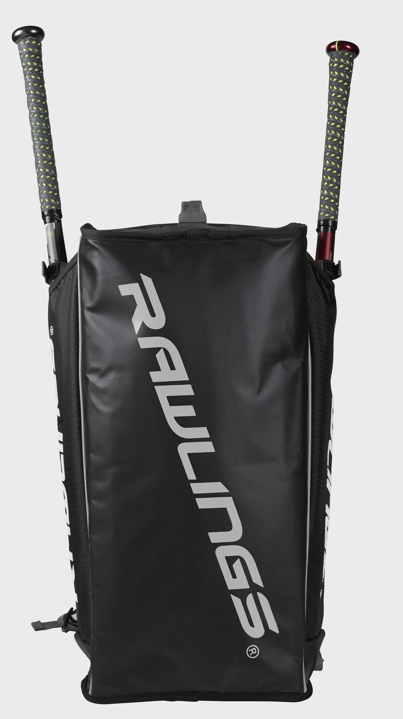 Rawlings logo view of Hybrid Backpack/Duffel Players Bag with baseball bats - SKU: R601