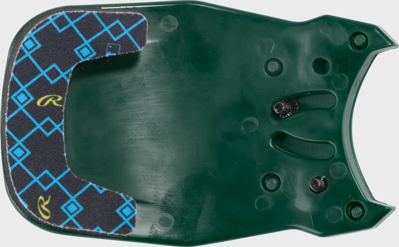 Inside of a dark green Rawlings RX2 Reverse adjustable batting helmet extension with black padding