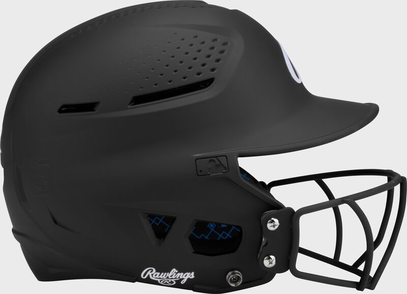 Right side of a black Rawlings RX2 fastpitch batting helmet