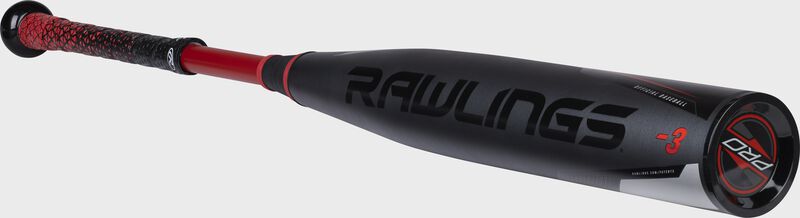 3/4 angle view of a Rawlings Quatro Max baseball bat with a black end cap - SKU: BB2QM3