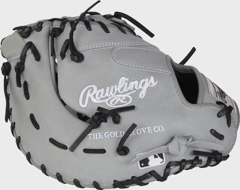 Gray back of a Rawlings Heart of the Hide R2G ContoUR fit 1st base mitt with the MLB logo on the pinky - SKU: PRORDCTU-10G