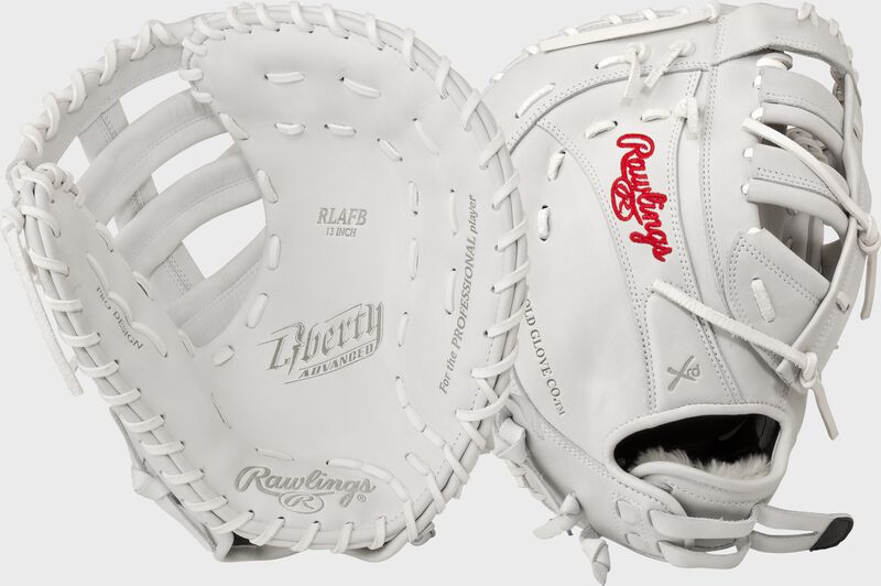 Two images showing the palm & back of a white 13" Liberty Advanced 1st base mitt loading=