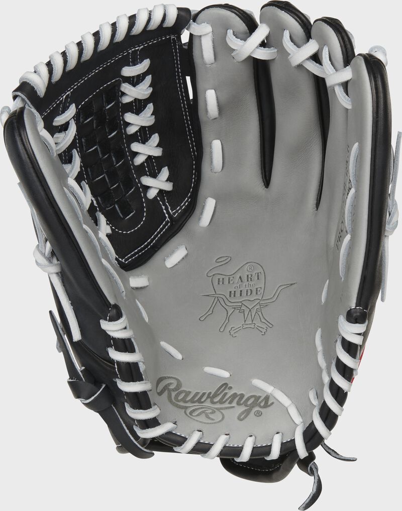 Gray palm of a Rawlings Heart of the Hide softball infield/outfield glove with white laces - SKU: PRO125SB-18GB