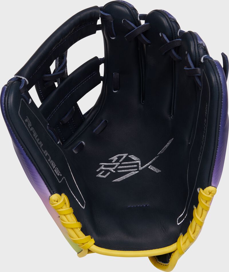 Navy palm of a Rawlings Francisco Lindor REV1X glove with navy laces loading=