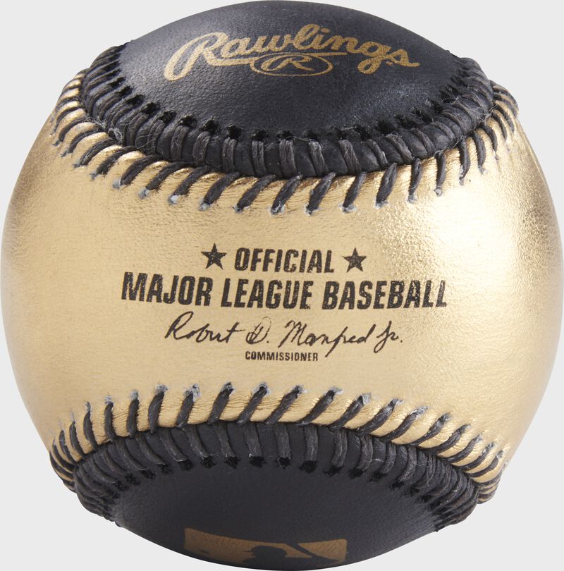 A gold/black MLB official baseball with the commissioner's signature - SKU: RSGEA-ROMLB/B-R