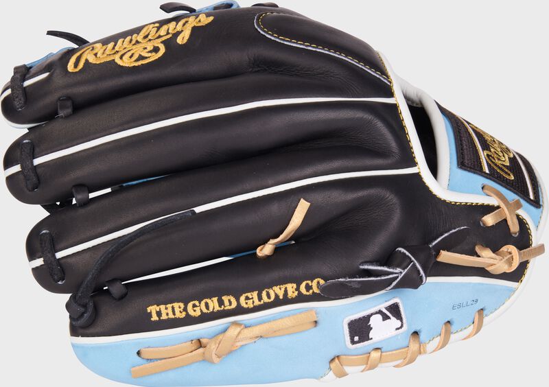 Back of a navy/Columbia blue 11.75" Heart of the Hide R2G infield glove with the MLB logo on the pinky - SKU: PROR205-2CB