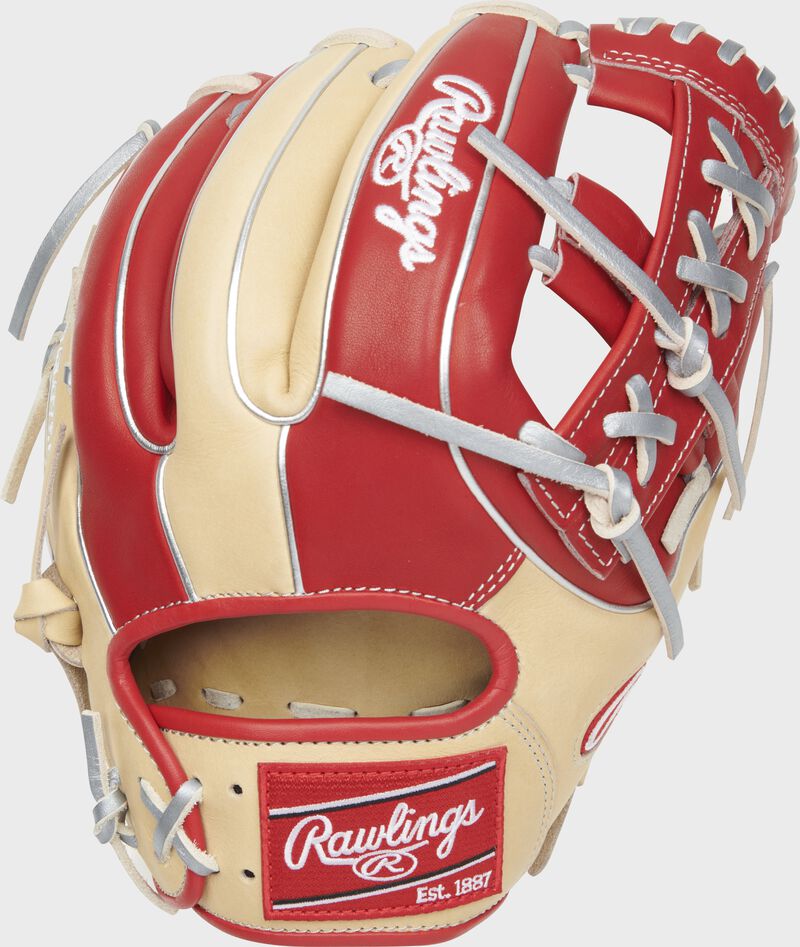 Camel/scarlet back of a 11.5" Heart of the Hide R2G split single post web glove with a red Rawlings patch - SKU: RSGRPROR314-32CSP