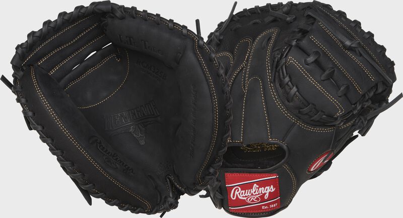 Two images showing the palm & back of a black Renegade 32.5" catcher's mitt