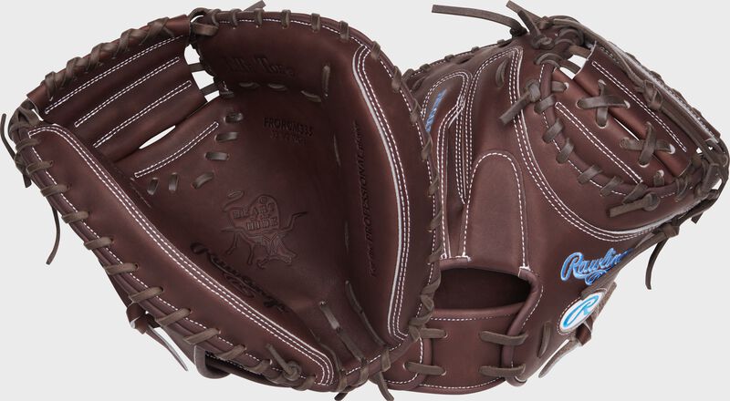 Two images showing the back & palm of a chocolate 33.5" Heart of the Hide catcher's mitt